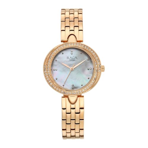 Titan Raga Showstopper 5.0 Quartz 3 Hands Round White MOP Dial, Rose Gold Strap Watch for Women - 95463WM01