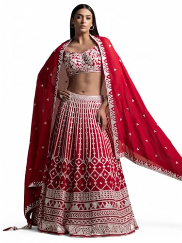 Zeel Clothing Women's Sequins Thread Embroidered Georgette Designer Lehenga Choli with Dupatta (5122-Red-Womens-Lehenga-Choli-Latest; Free Size) (Red)