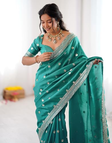 SIRIL Women's Silk Sequence Embroidery Lace Saree With Sequence Embroidery Unstitched Blouse Piece(4865S213_Teal Green)
