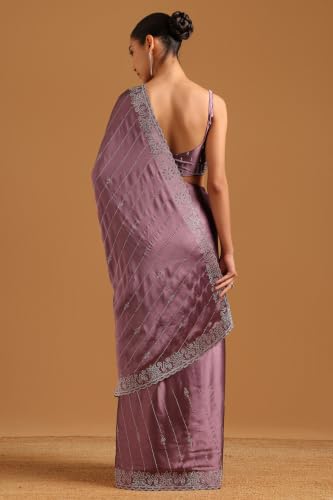 Soch Womens Lavender Satin Swarovski Stone Embellished Embroidered Border Saree