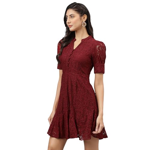 Latin Quarters Women Maroon V-Neck Short Sleeves Fit and Flare Mini Dress for Casual_L