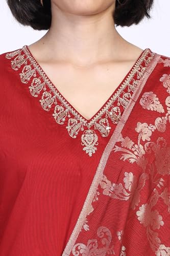 W for Woman Deep Floral Printed Metallic Embroidered Flared Woven Kurta with Straight Pant and Jacquard Dupatta Set - Red (WS13301-224416-3XL)