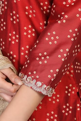 W for Woman Red Bandhni Print Zari Embellished Straight Art Silk Kurta with Sharara and Dupatta Set (WS13171-126692-2XL)