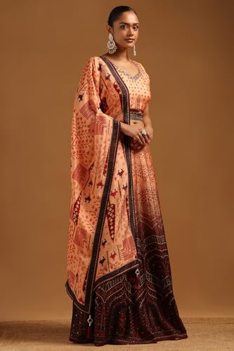 Soch Womens Peach Russian Silk Floral Print Lehenga Choli With Mirror Work