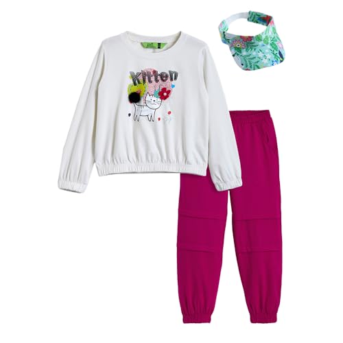 Hopscotch Girls White Full Sleeves 2-Pc Cat Jogger Set For Age (8-9 Years)