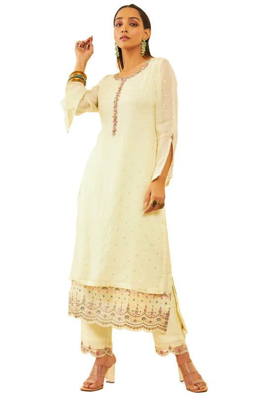 Soch Womens Light Yellow Organza Woven Design Suit Set With Beads Work