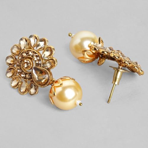 Rubans Women's 22K Gold-Plated Beige Cz-Studded Pearl Beaded Handcrafted Jewellery Set