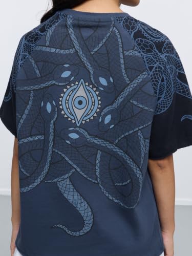 The Souled Store Desi Drop: Na Aadi Na Ant: Women and Girls Short Sleeve Round Neck Navy Blue Graphic Printed Cotton Breathable Streetwear Casual College Oversized T-Shirts