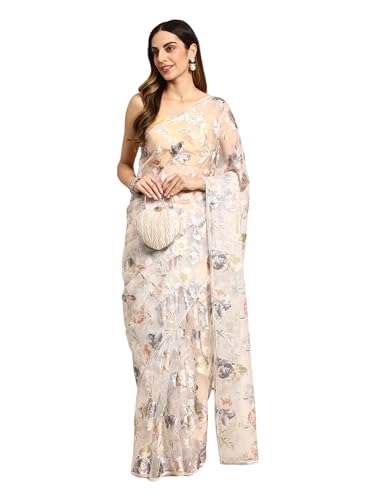 MOHEY Grey Organza Mirror Embroidered Saree for Women