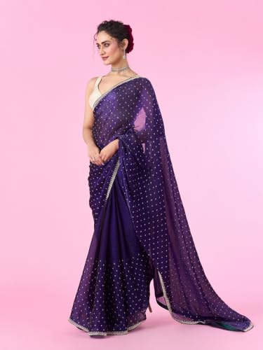MOHEY Women's Organza Stone Work Saree with Blouse Piece (Purple)