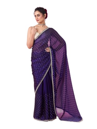 MOHEY Women's Organza Stone Work Saree with Blouse Piece (Purple)