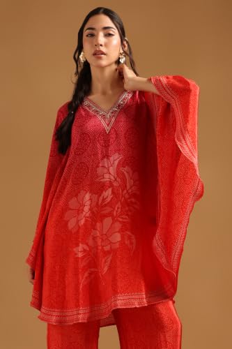 Soch Womens Red Crepe Botanical Printed Kaftan Suit With Sequins