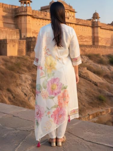 INDO ERA Women's Cotton Blend Embroidered Thread Work A-Line Kurta & Pant with Dupatta Set (X-Large) | Pure Cotton Kurta Set For Women With Dupatta