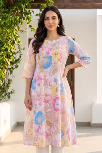 W for Woman Pink Bold Floral Printed Pure Cotton A-line Kurta with Straight Pants Set - (WS14520K-128159-XXL)