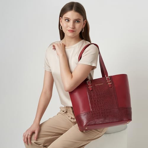 Caprese Macie 16 Inch Large Laptop Compatible Tote Bag for Women | Textured Faux Leather Shoulder Bag with Trolley Sleeve & Zipper Closure | Stylish Office, Work, Travel Handbag (Cherry Lacquer)