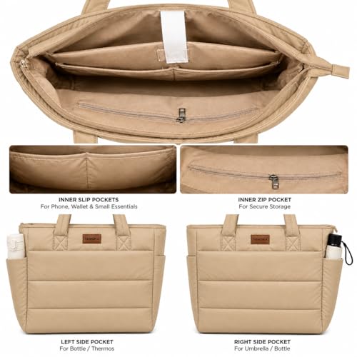 SENORA Quilted Tote Bag for Women | Nylon Tote Lightweight Padded Shoulder Handbag | Large Capacity Office, Travel & Daily Use Bag with Side Bottle Pocket & Zipper Closure (Cream)