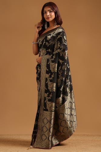 Soch Womens Black Satin Botanical Zari Woven Saree