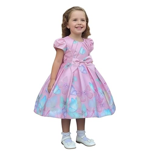 KIYOL Girls Puff Sleeve Butterfly Print Party Dress with Bow Design | Round Neck Flared Fit Kids Frock for Birthday, Wedding & Special Occasions -Pink Butterfly 5-6Y