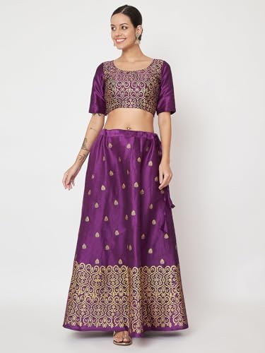 studio rasa Women's Dupion Hand Block Printed Bias Skirt for Wedding Festive Party (SKTC52403M_Purple_Medium)