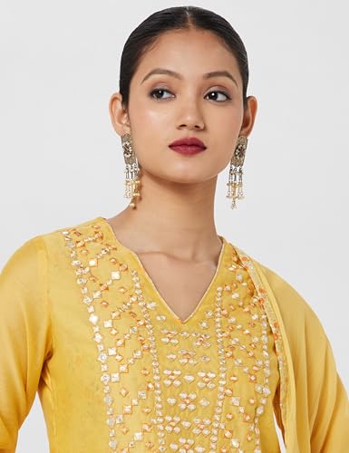 BIBA WOMEN EMBROIDERY NARROW SALWAR KURTA DUPATTA(SKD7402E_MANGO YELLOW_34)