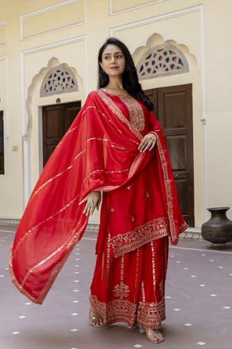 Leeli Peeri Designer Women's Chinon Silk Embroidery Kurta Sharara Set With Dupatta