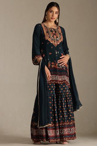 Soch Women's Teal Green Crepe Floral Print Suit Set With Mirror Work