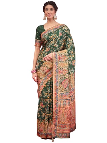 AKHILAM Women's Green Viscose Silk Ethnic Motif Printed Saree With Unstitched Blouse Piece (MSTANI59B_HS)