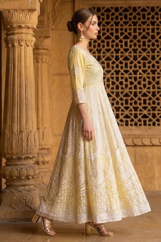 Aurelia Women's Powder Yellow Thread Embroidered Anarkali Kurta with Leggings and Dupatta Set - (AD10777-E609499-S)