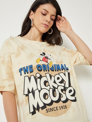 Max Women Mickey Mouse Print Oversized T-Shirt(Yellow_M)