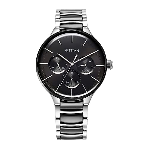 Titan Ceramic Fusion Quartz Multifunction Black Dial Two Toned Silver and Black Stainless Steel Bracelet Watch for Men - NT90148KD01