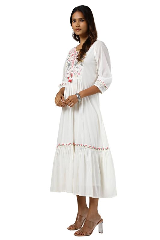 Soch Womens Off White Cotton Embroidered Dress with Thread Work