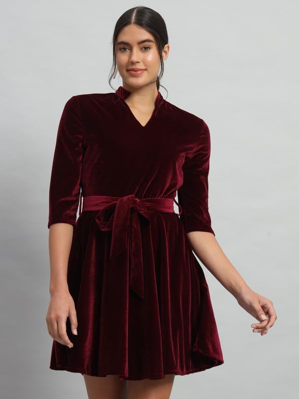 Vaararo Velvet Fit & Flare Mini Dress | Elegant with Belt & Mandarin Neck Sporty Maroon X-Small