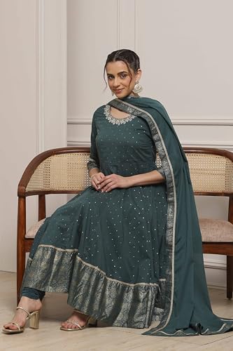 Biba Women's Cotton Kurta Set (SKDNOR30863AW25TEL_Teal Green