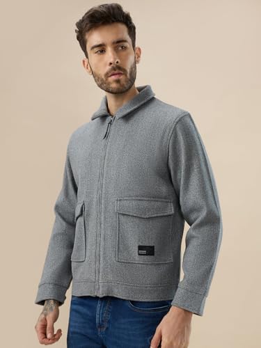 Status Quo Men's Solid Wool Blend Finish Spread Collar Front Flap Pocket Shacket | 90% Polyester,10% RAYON | GREY | 4XL Size