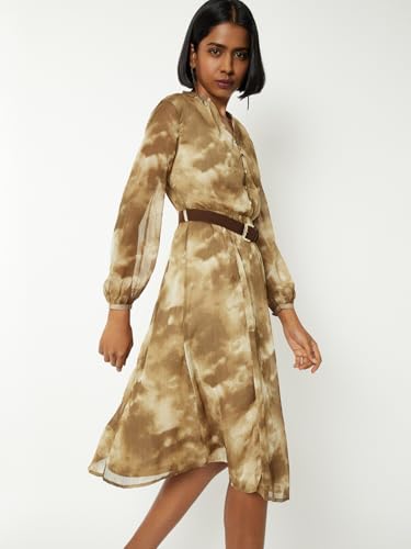 Max Women Printed A-line Dress with Belt (Beige_XXL)
