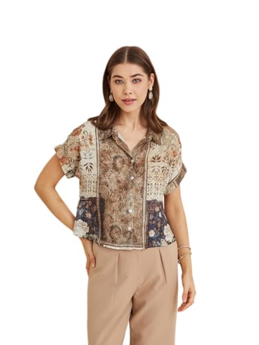 Latin Quarters Women's Beige Collar Neck Short Sleeves Printed Casual Shirt_L