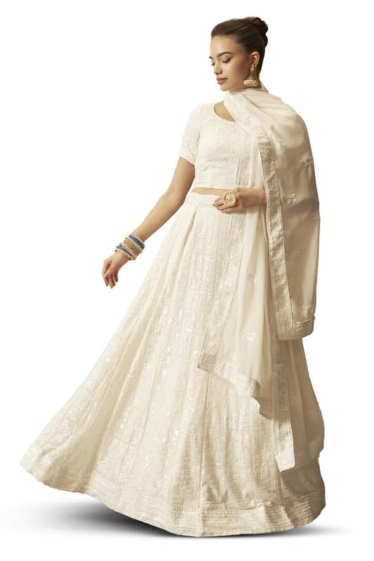 Soch Womens Cream Georgette Geometric Pattern Sequin Embellished Unstitched Lehenga Set