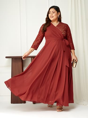 Miss Chase A+ Women's V-Neck 3/4 Sleeve Self-Designed Wrap Styled Maxi Dress (APSS21D14-67-901-08, Dusty Red, 3XL)