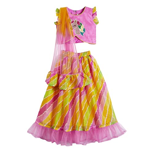 Hopscotch Girls Short Sleeves Yellow 3-Pc Embroidered Lehenga Set For Ages (5-6 Years)