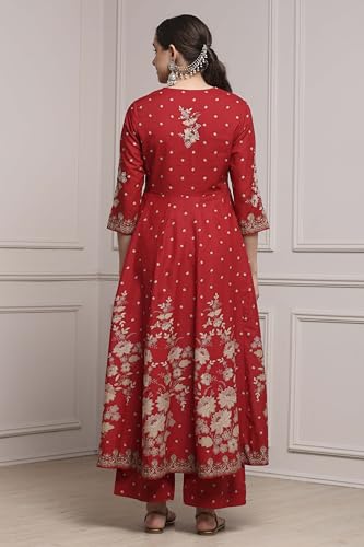 Biba Women Red Cotton Anarkali Printed Suit Set_34