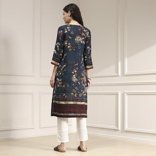 BIBA Women Teal Floral Printed Straight Kurta_32