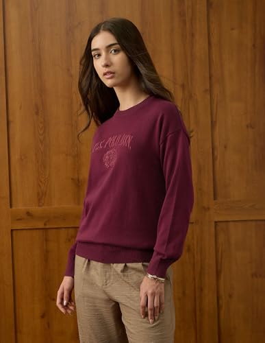 U.S. POLO ASSN. Women Relaxed Fit Drop Shoulder Sweatshirt (UWAW25SWE208_Maroon_M)