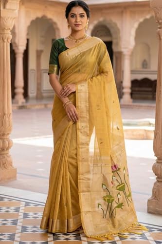 SGF11 Women's Cotton Linen Soft Silk Saree With Unstitched Blouse Piece (Yellow)