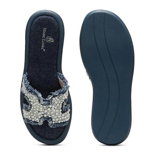 Marc Loire Women Embellished Denim Casual Flats | Slip-On Open Toe Chappals | Indian Smart Sandals with Comfortable Sole (Blue, UK Footwear Size System, Adult, Women, Numeric, Medium, 4)