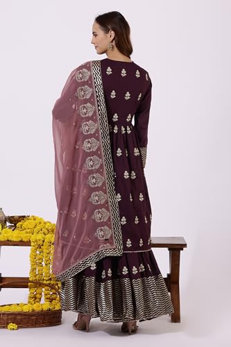 Wishful Purple Pure Cotton Flared Dress & Dupatta for Women (Size: 3XL)-24AUSP11997-400749