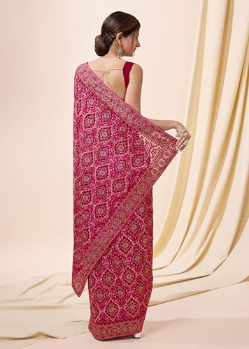 TRENDMALLS Women's Vichitra Silk Embroidery Work Saree with Unstitch Blouse Piece (K1088-Red)