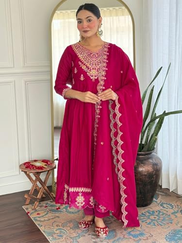 VARNI FABRICS: A lady's First Love Women's Vichitra Silk Pink Embroidered Flared Kurta With Pant And Dupatta,Ethnic Set (IN, Alpha, M, Regular)