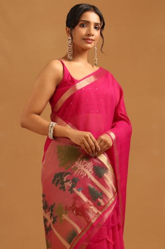 Soch Womens Fuchsia Tissue Weave Woven Design Zari Woven Sequin Detail Saree