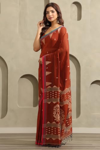 Soch Womens Rust Cotton Jamdani Woven Saree