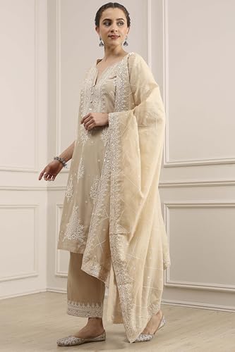 Biba Women Natural White Chanderi Straight Dyed Suit Set_38